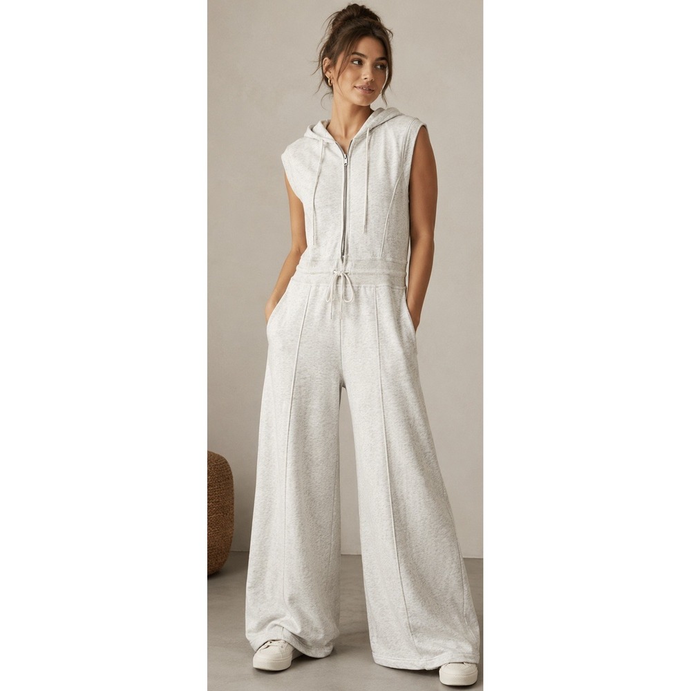 Free People Movement Making It Jumpsuit Heather Gray Sleeveless Hooded Wide Leg